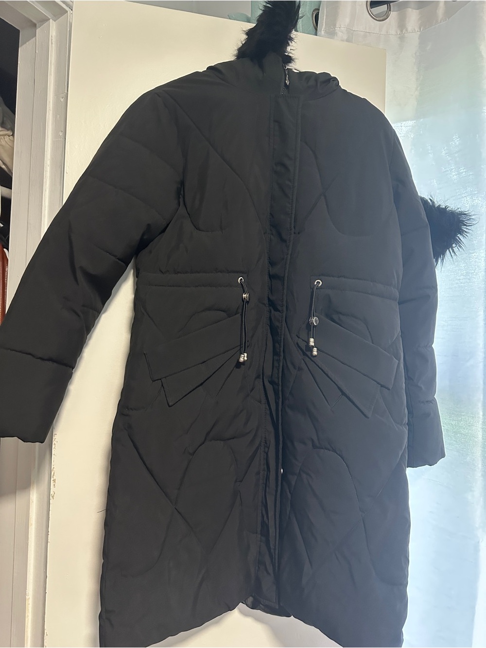 Black Hooded Quilted Winter Coat